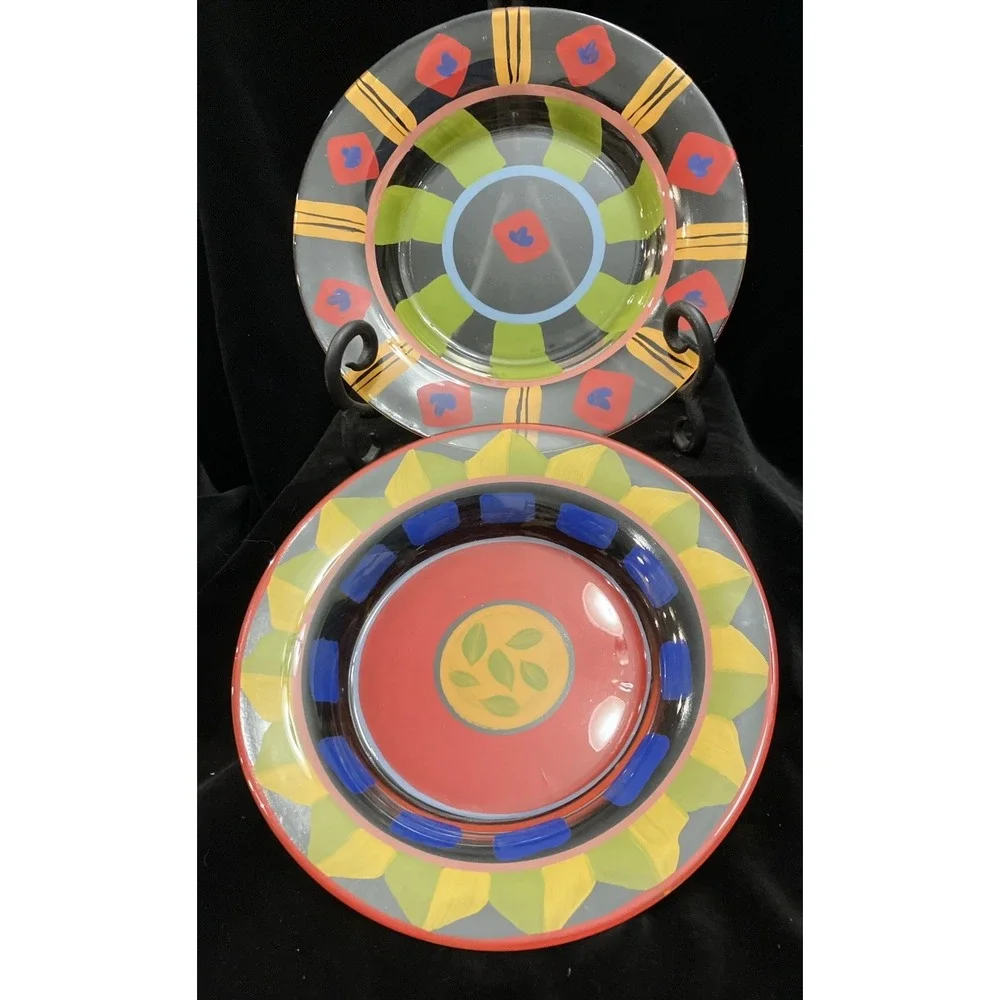 Clear Art Glass Hand Painted Vibrant Colorful Display or Dinner Plates Set of 2